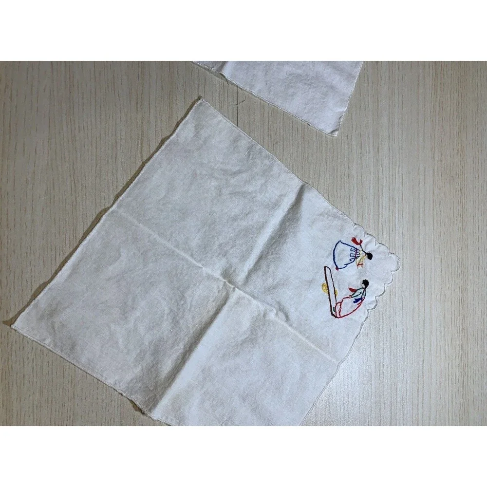 Vintage 2 Square Hankies, Hanky, Embroidered 2 Girls playing on one corner 8.5